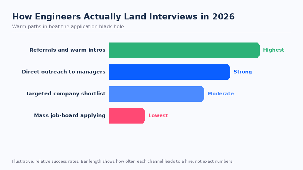 Bar chart comparing how 2026 tech hires are sourced, showing referrals and warm intros convert highest, direct outreach and targeted shortlists in the middle, and mass job-board applying lowest