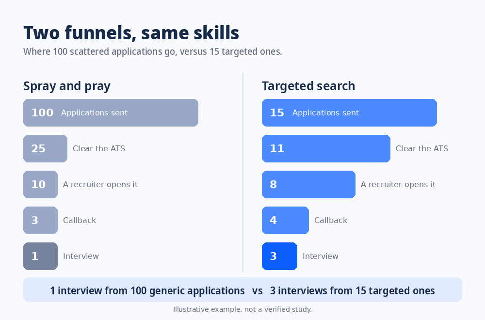 Two hiring funnels compared side by side: a scattered spray and pray search where 100 applications fall to 25 past the ATS, 10 recruiter reads, 3 callbacks and 1 interview, versus a targeted search where 15 applications become 11 past the ATS, 8 reads, 4 callbacks and 3 interviews.